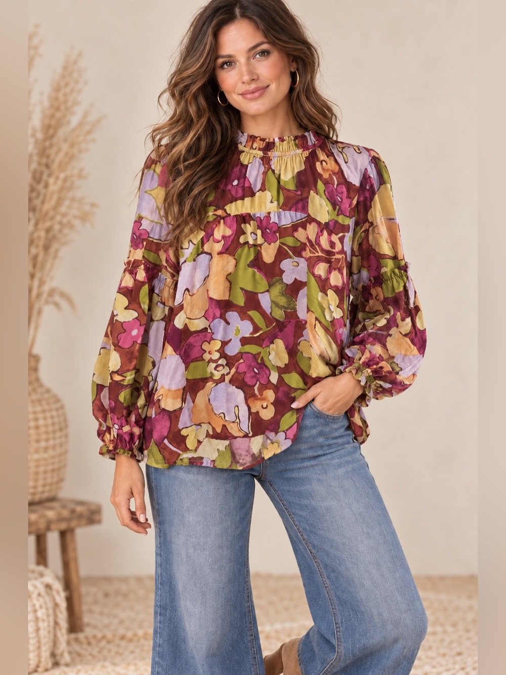 🌺 Oddi Floral Ruffle Mock Neck Boho Blouse
